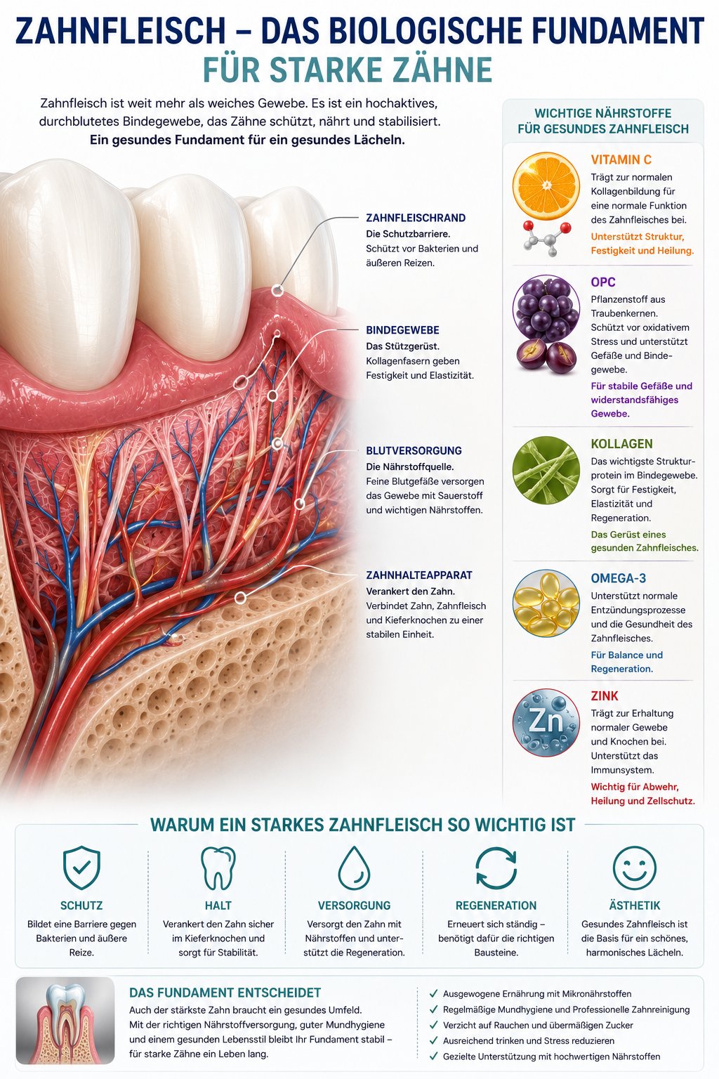 Grafik zum Zahnfleisch als biologisches Fundament mit Kollagenfasern, Blutversorgung, Vitamin C, OPC und Bindegewebe