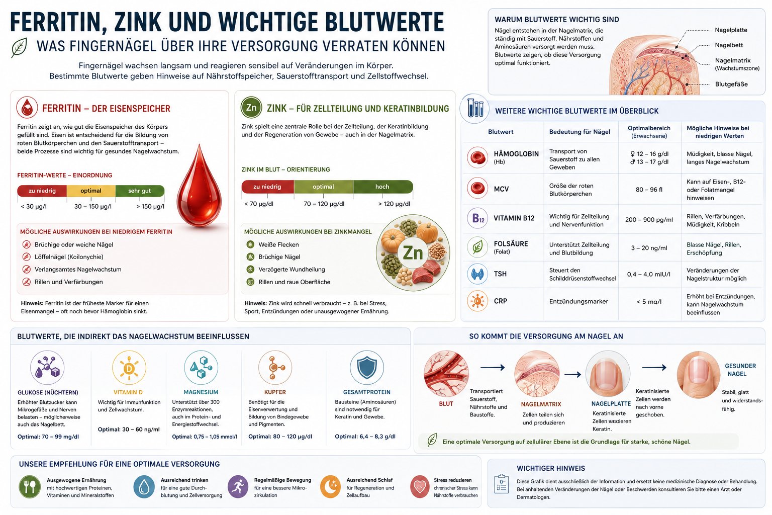Grafik zu Ferritin, Zink und wichtigen Blutwerten im Zusammenhang mit Fingernägeln