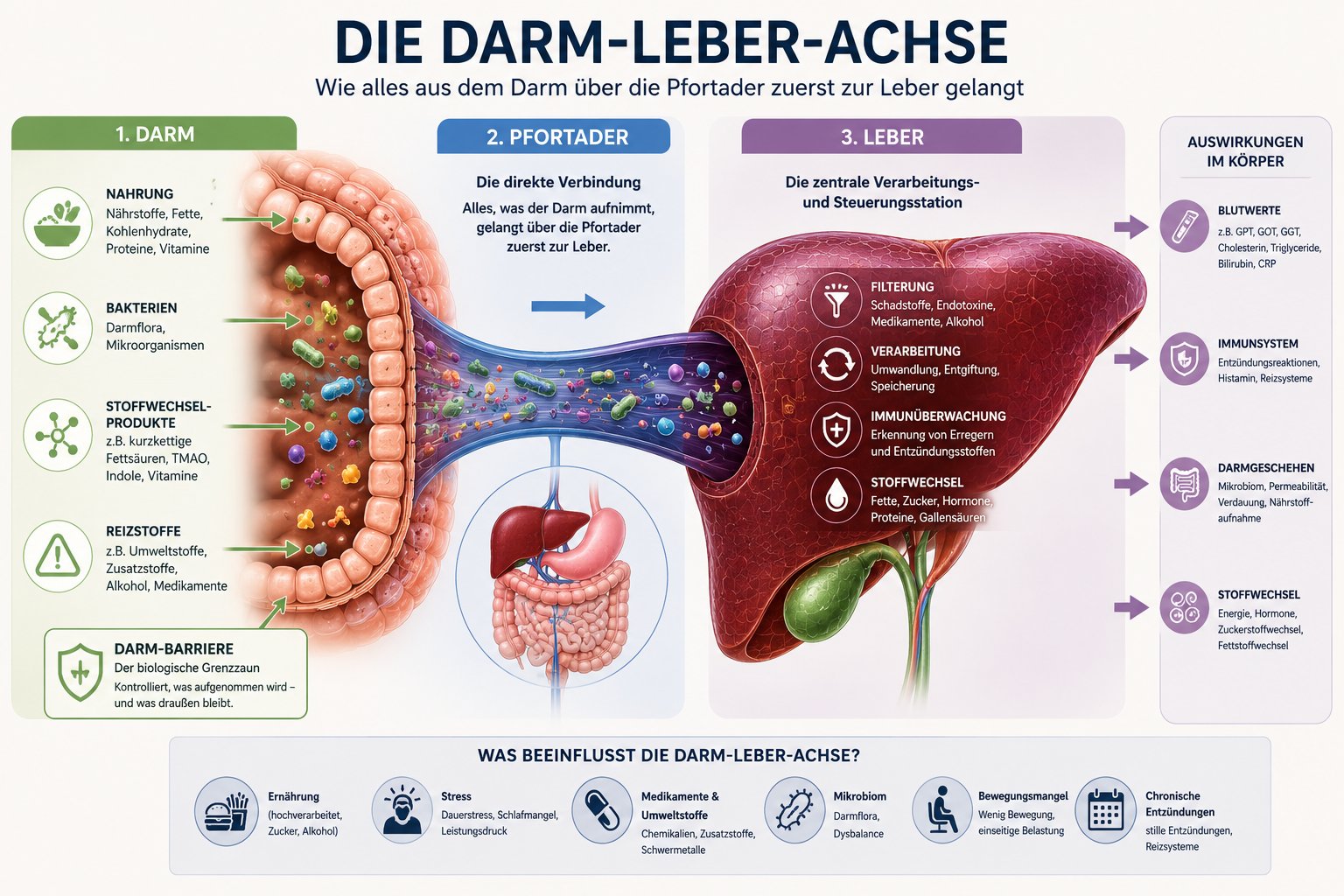 Schaubild der Darm-Leber-Achse mit Darm, Pfortader und Leber