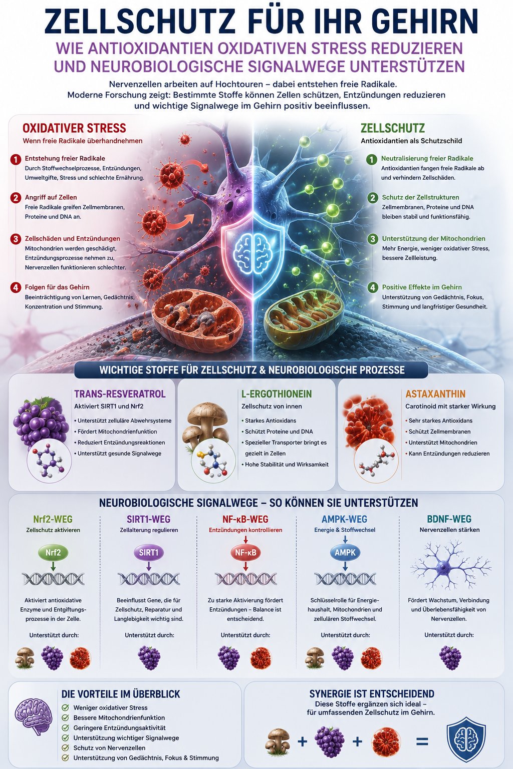 Grafik zu oxidativem Stress, Zellschutz und neurobiologischen Signalwegen