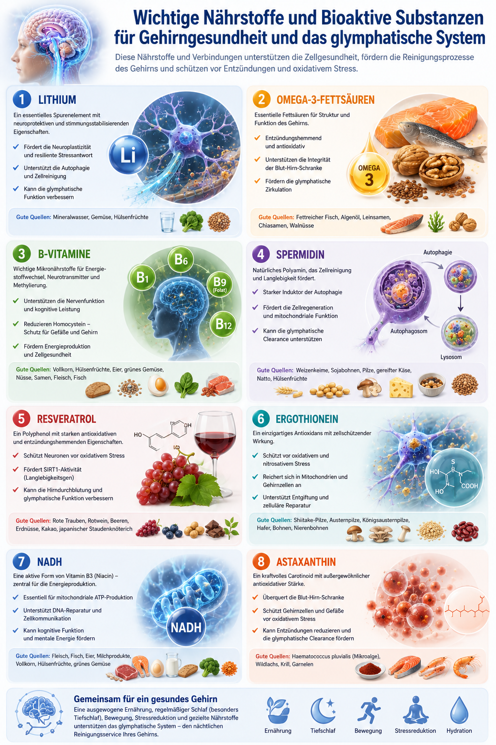Lithium, Omega 3, B-Vitamine, Spermidin, Resveratrol, Ergothionein, NADH und Astaxanthin
