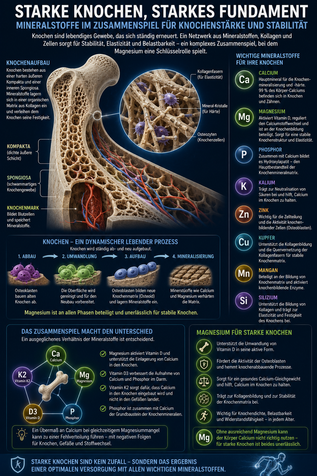 Knochenstruktur mit Calcium, Magnesium und weiteren Mineralstoffen