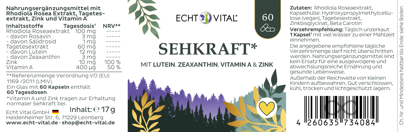 Das Original-Etikett der Sehkraft Kapseln mit vollständiger Nährstofftabelle