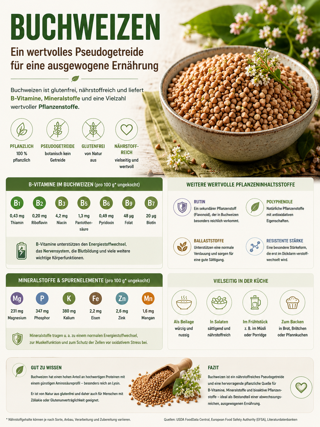 Buchweizen als pflanzliches Lebensmittel mit B-Vitaminen, Mineralstoffen und weiteren Pflanzeninhaltsstoffen