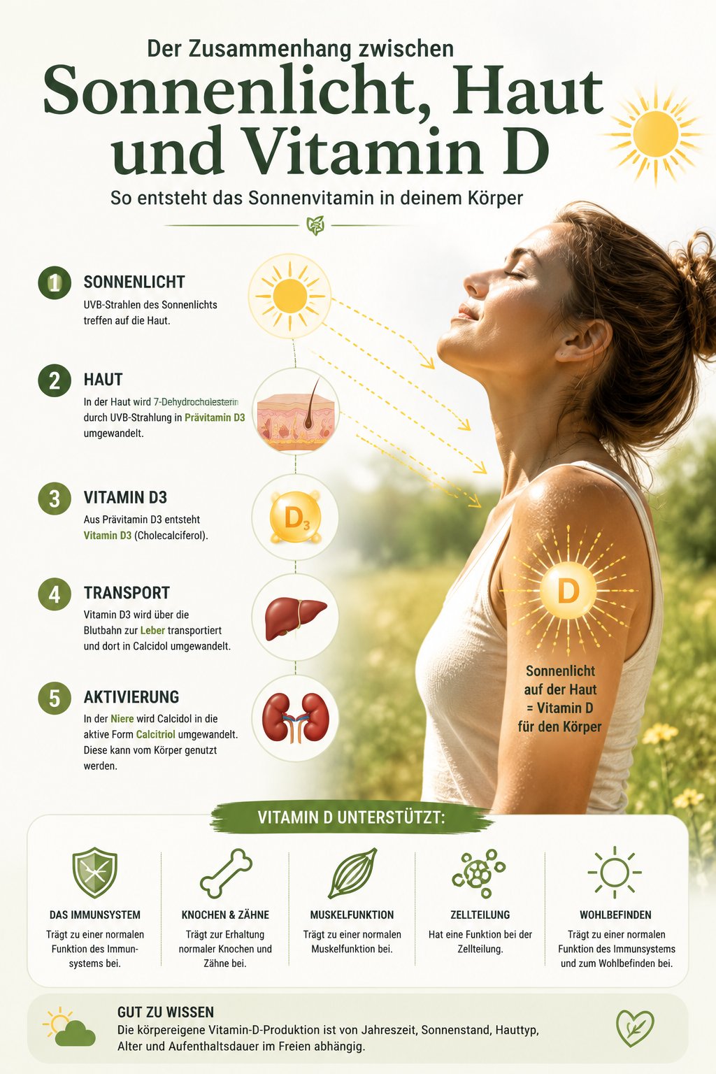 Zusammenhang zwischen Sonnenlicht, Haut und Vitamin D