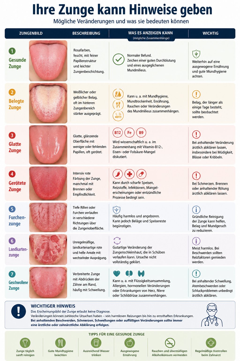 Grafik mit verschiedenen Zungenbildern und möglichen medizinischen Bedeutungen