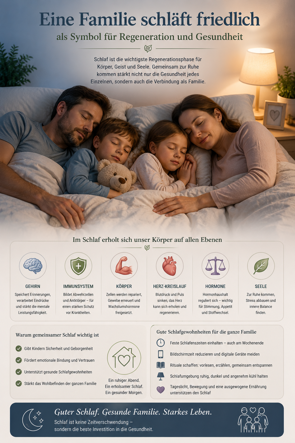 Eine Familie schläft friedlich als Symbol für Regeneration und Gesundheit