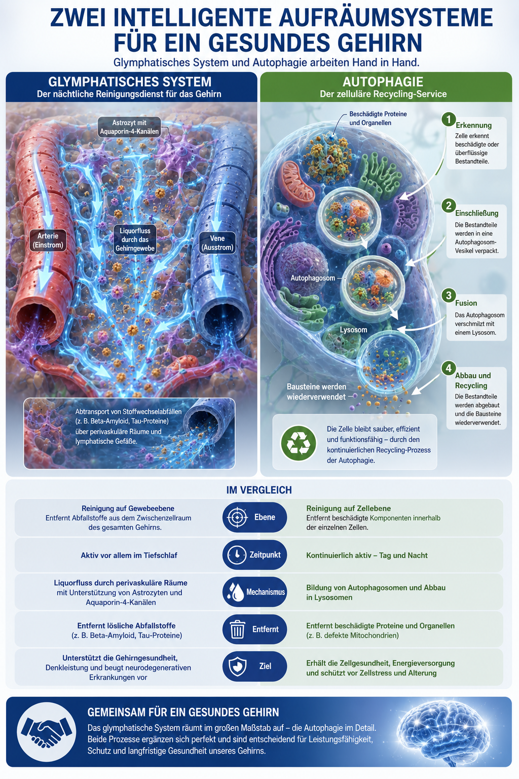 Vergleich von glymphatischem System und Autophagie als biologische Aufräumprozesse