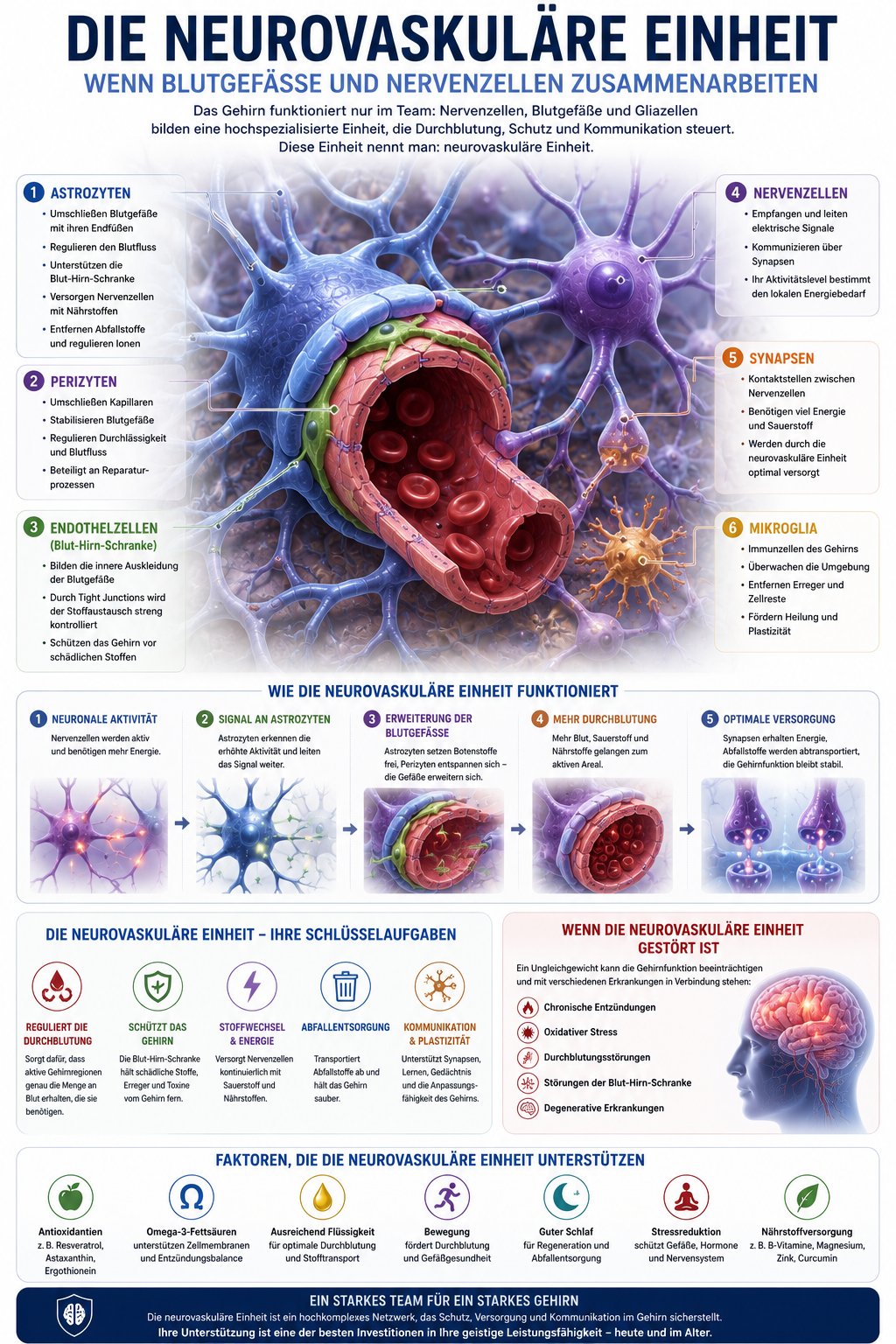Grafik zur neurovaskulären Einheit mit Nervenzellen, Astrozyten und Blutgefäßen