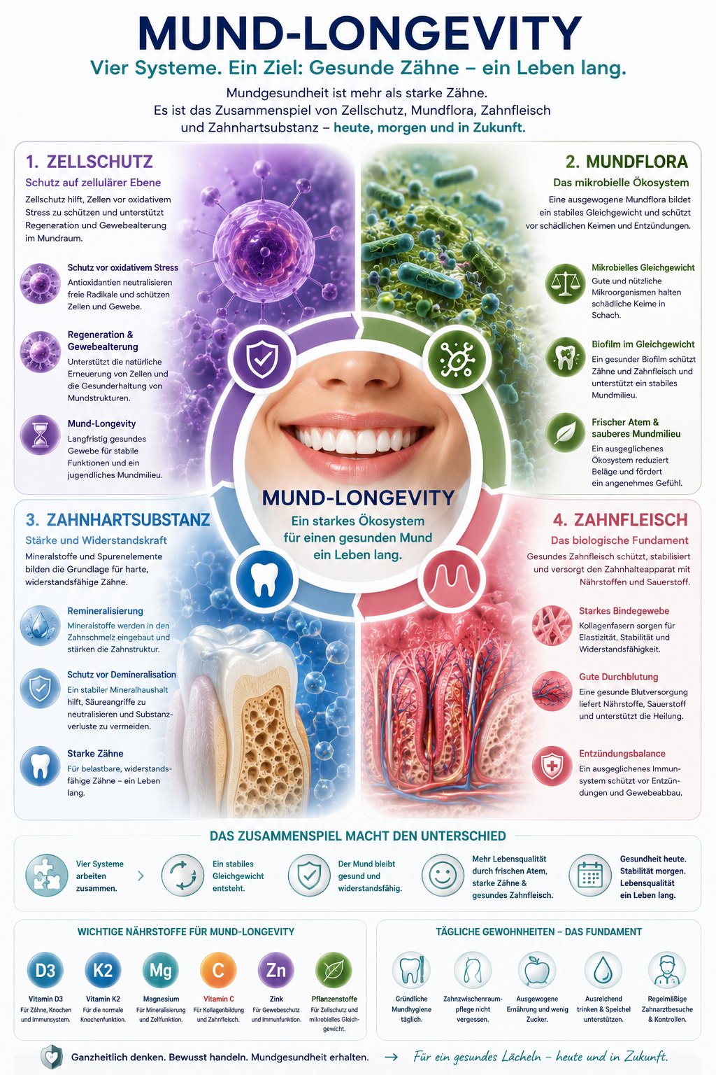 Grafik zu Mund-Longevity mit Zellschutz, Mundflora, Zahnfleisch und Zahnhartsubstanz