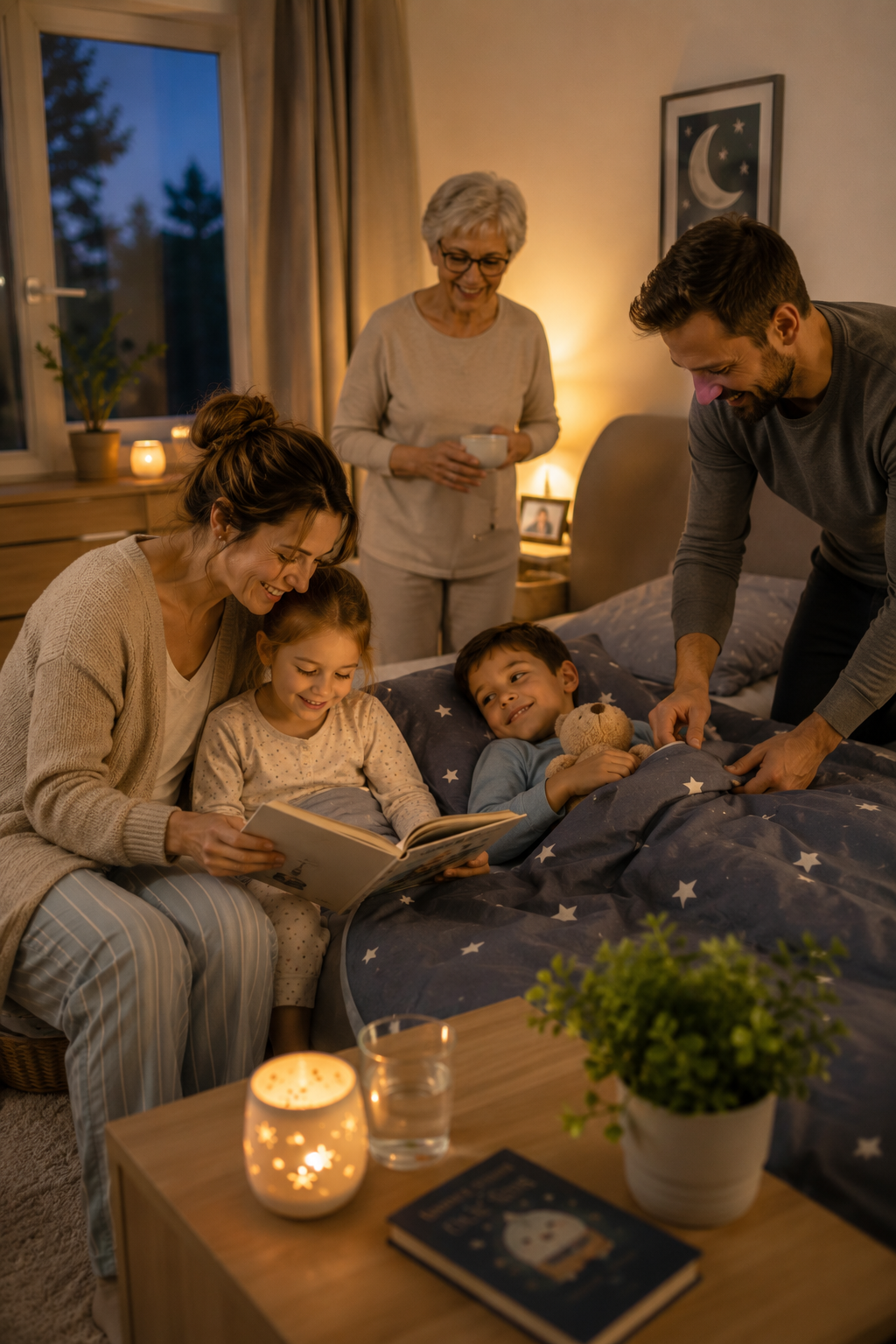 Eine Familie bereitet sich am Abend ruhig auf den Schlaf vor