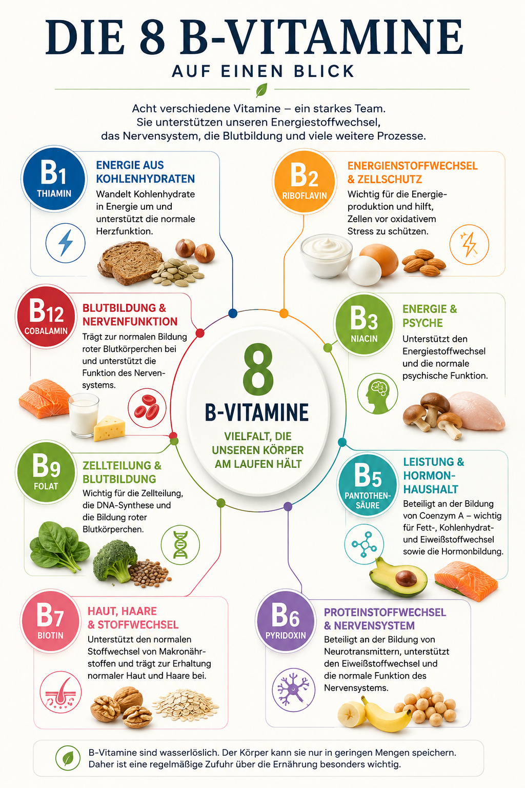 Die acht B-Vitamine B1, B2, B3, B5, B6, B7, B9 und B12 mit ihren wichtigsten Funktionen