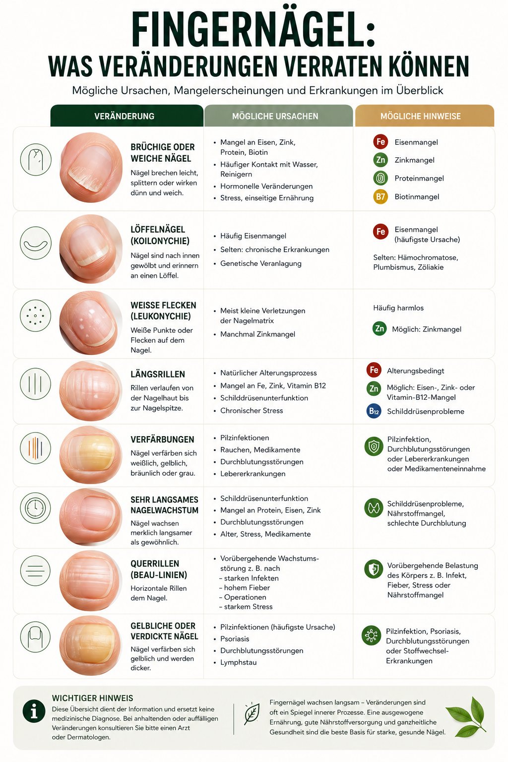 Grafik zu möglichen Veränderungen der Fingernägel und deren medizinischer Bedeutung