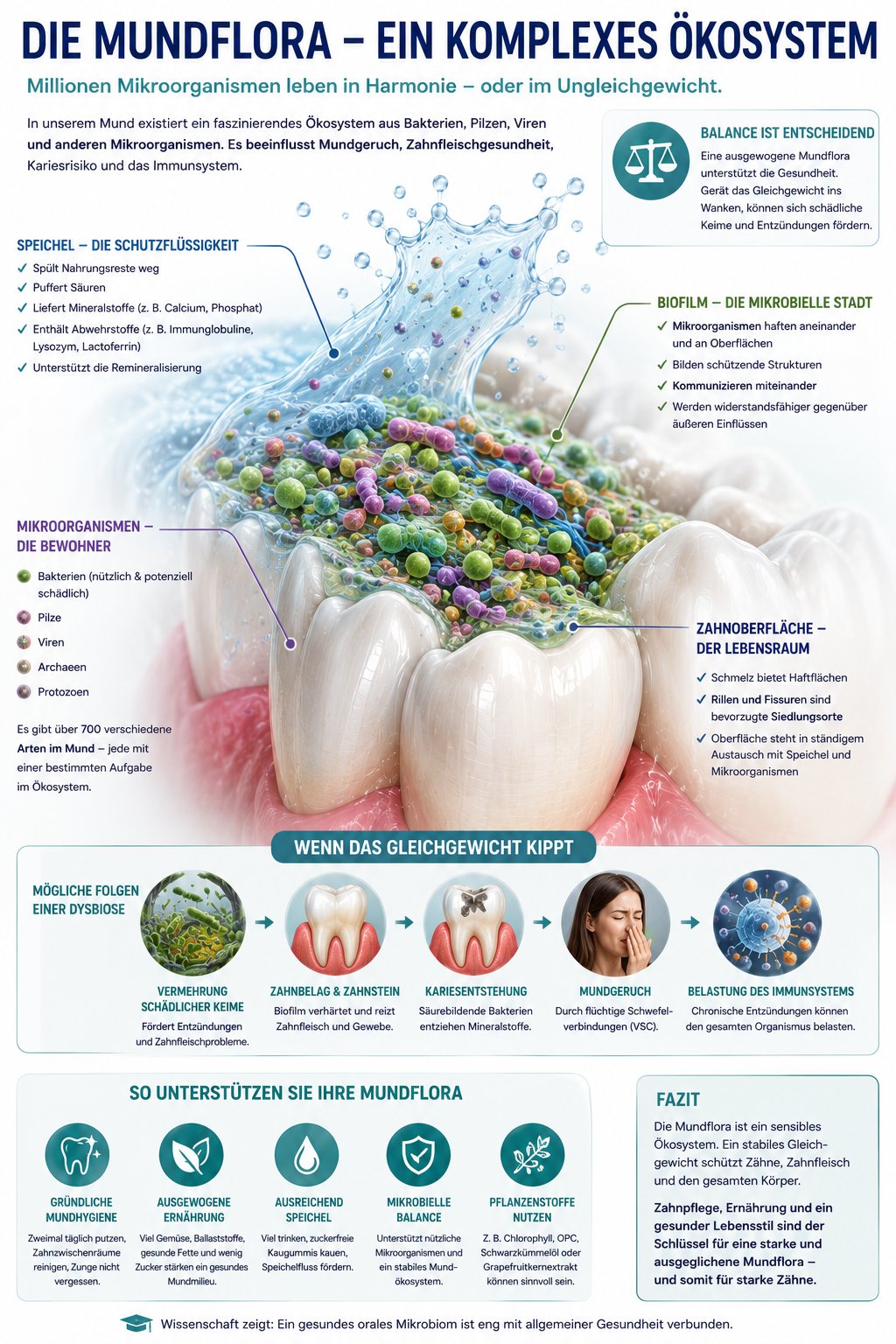 Grafik zur Mundflora als Ökosystem mit Speichel, Biofilm, Zahnoberfläche und Mikroorganismen