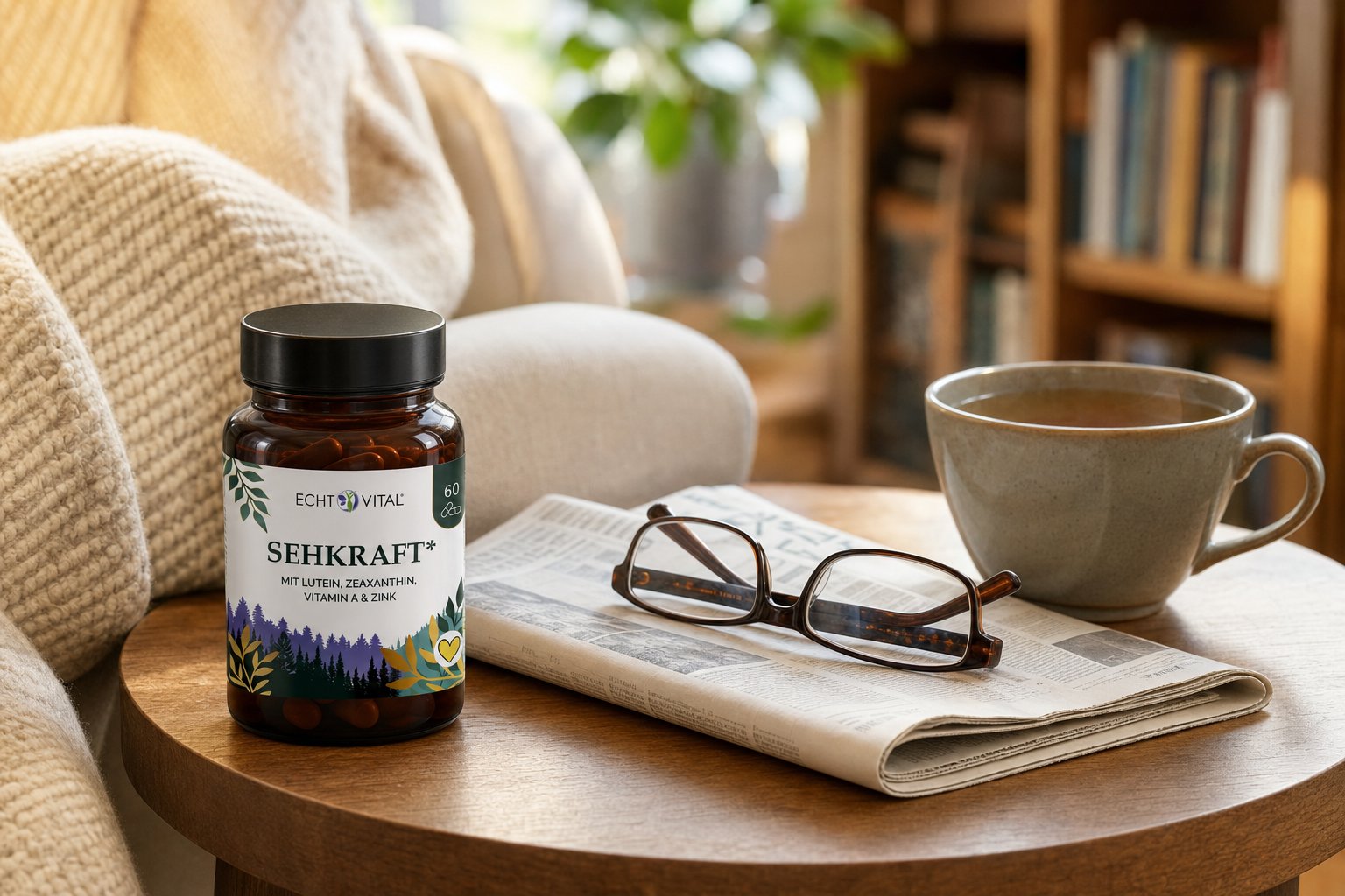 Sehkraft Kapseln neben einer Lesebrille auf einer Zeitung, daneben eine Tasse Tee