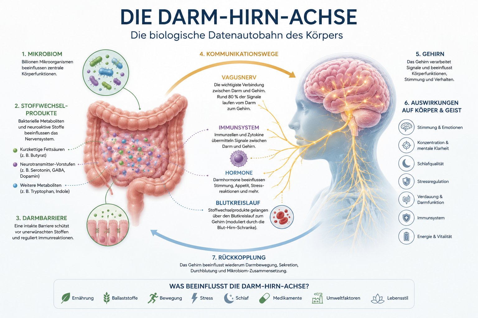 Schaubild der Darm-Hirn-Achse mit Mikrobiom, Vagusnerv und Gehirn