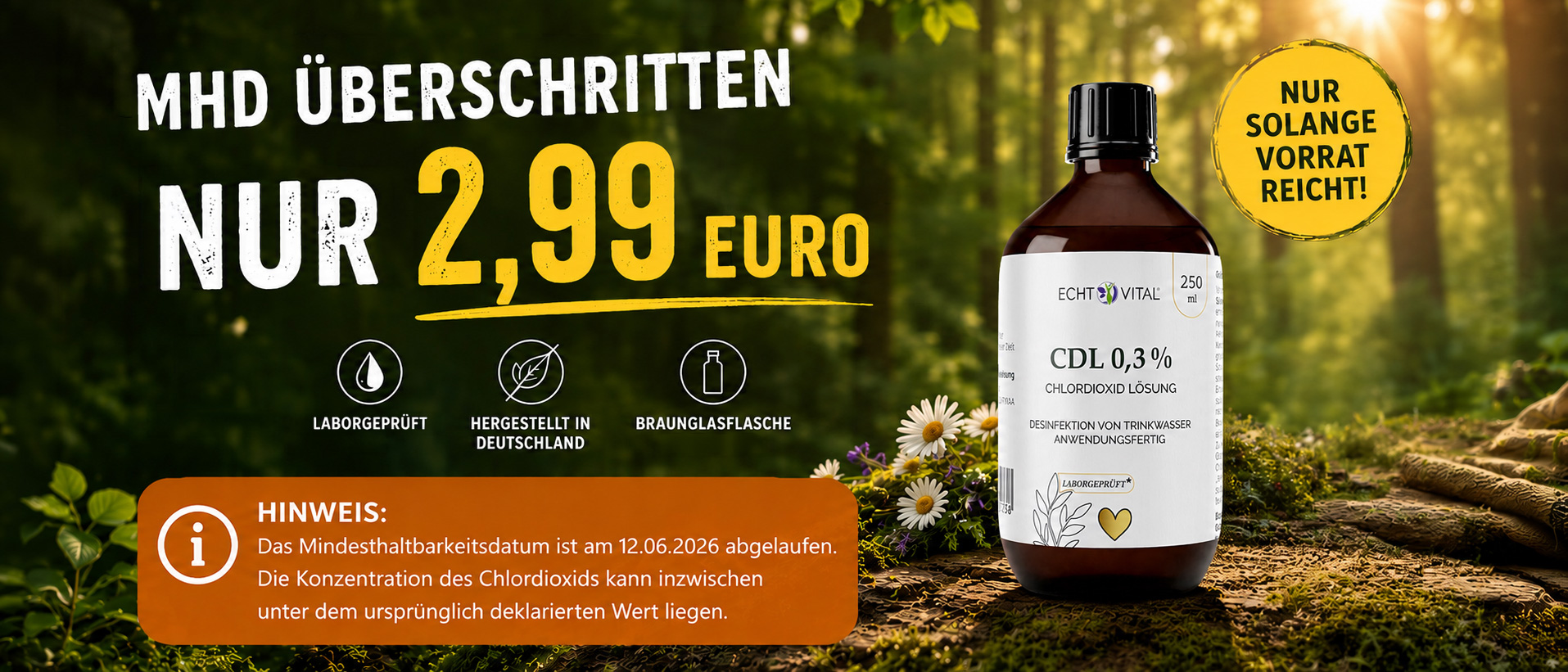 Reduziertes CDL 0,3 % Fertiglösung für 2,99 € – Angebot wegen bald erreichter Mindesthaltbarkeit.