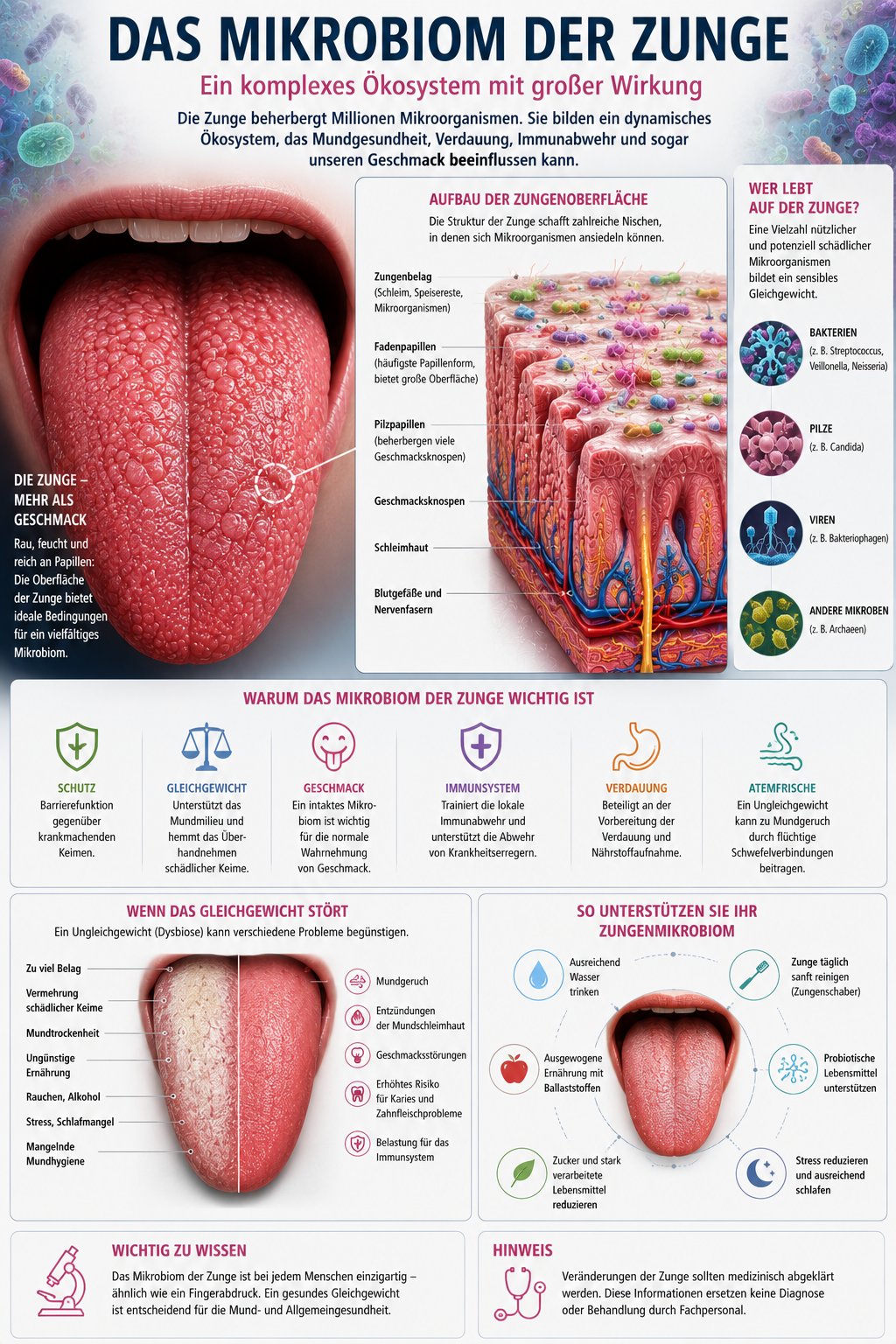 Grafik zum Mikrobiom der Zunge mit Mikroorganismen und Schleimhautstrukturen