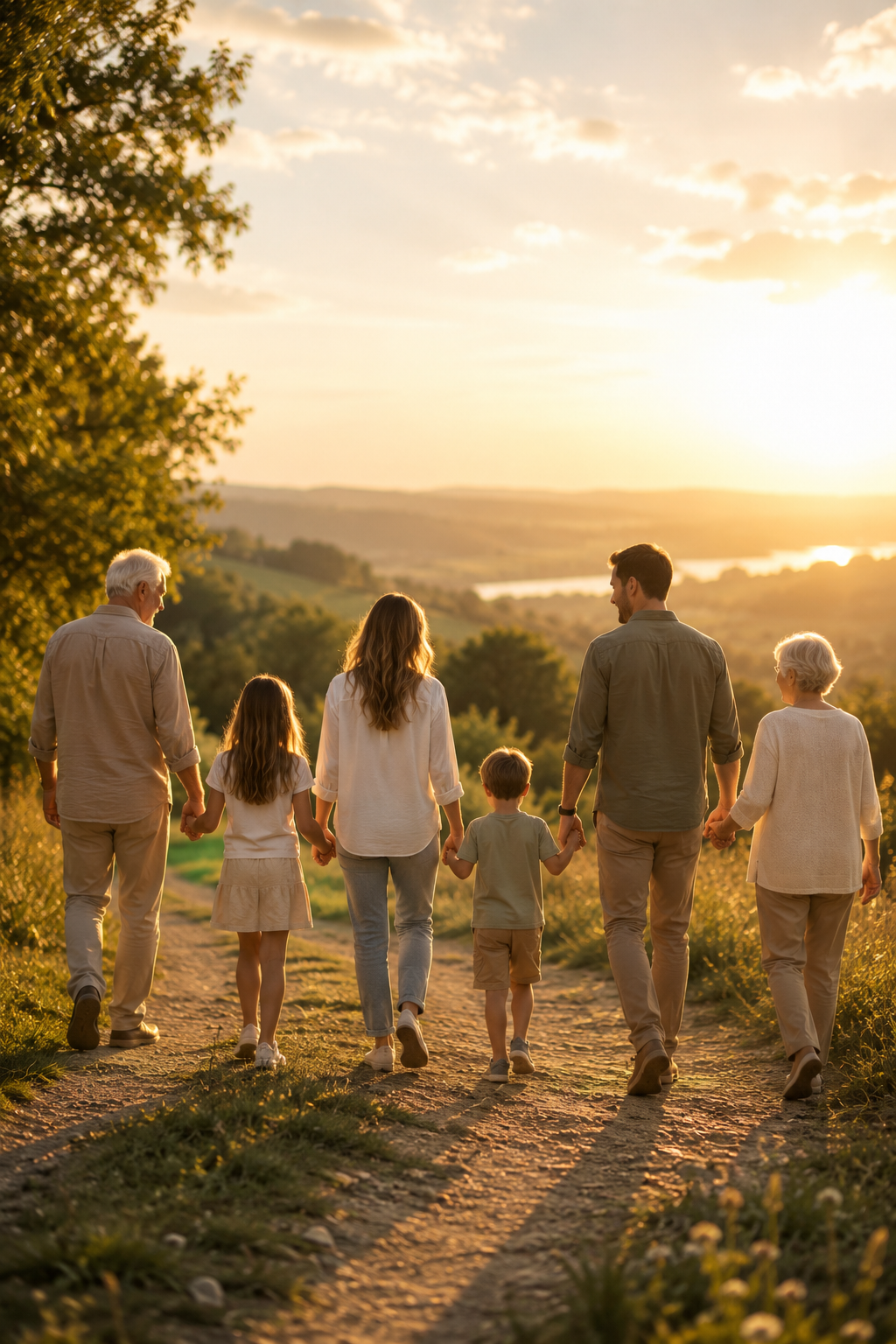 Drei Generationen gehen gemeinsam Hand in Hand in die Zukunft