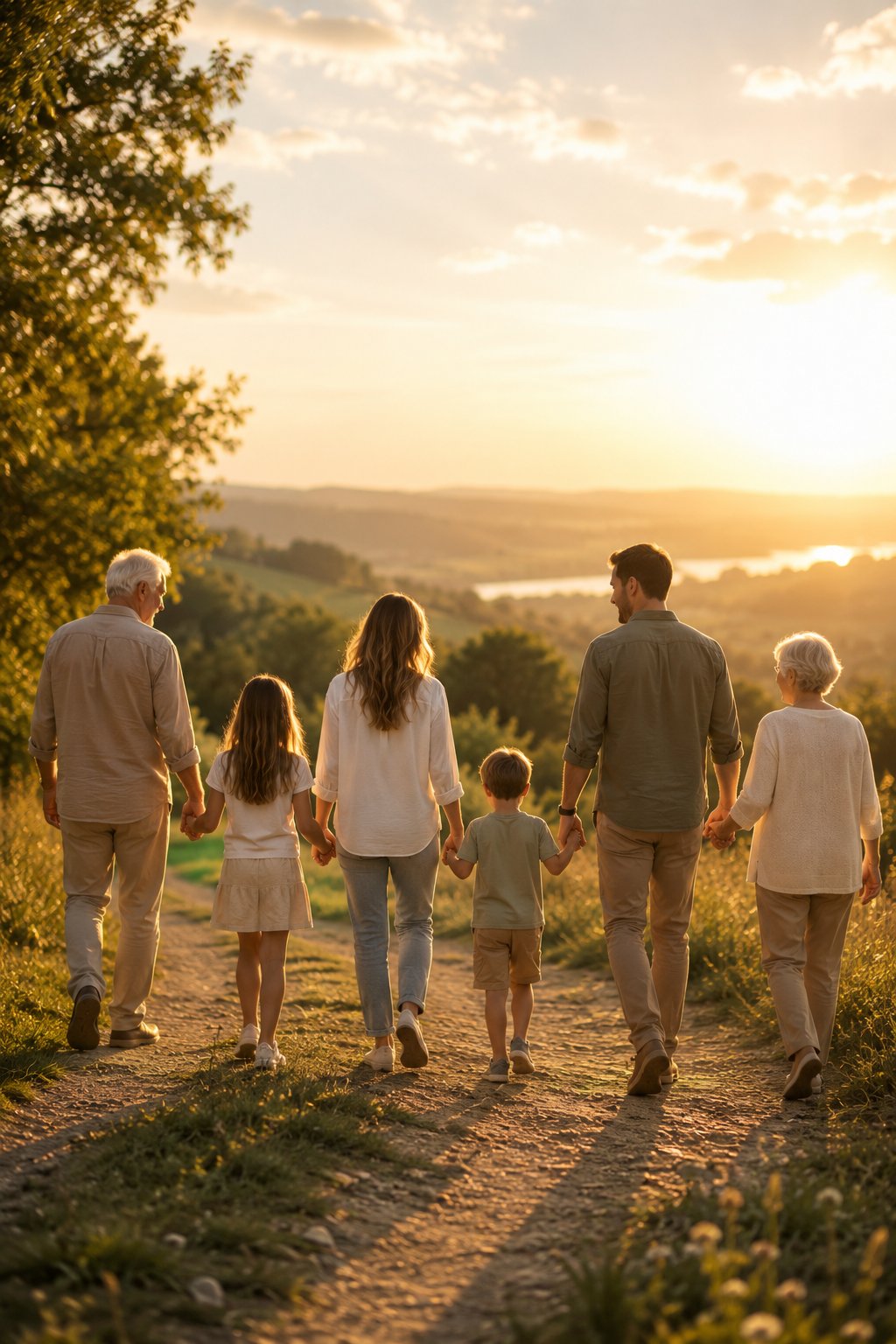 Drei Generationen gehen gemeinsam Hand in Hand in die Zukunft