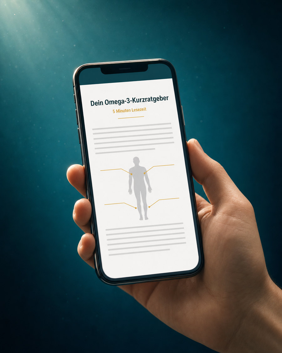 Der Omega-3-Kurzratgeber auf einem Telefon: Überschrift, fünf Minuten Lesezeit und eine Körpergrafik