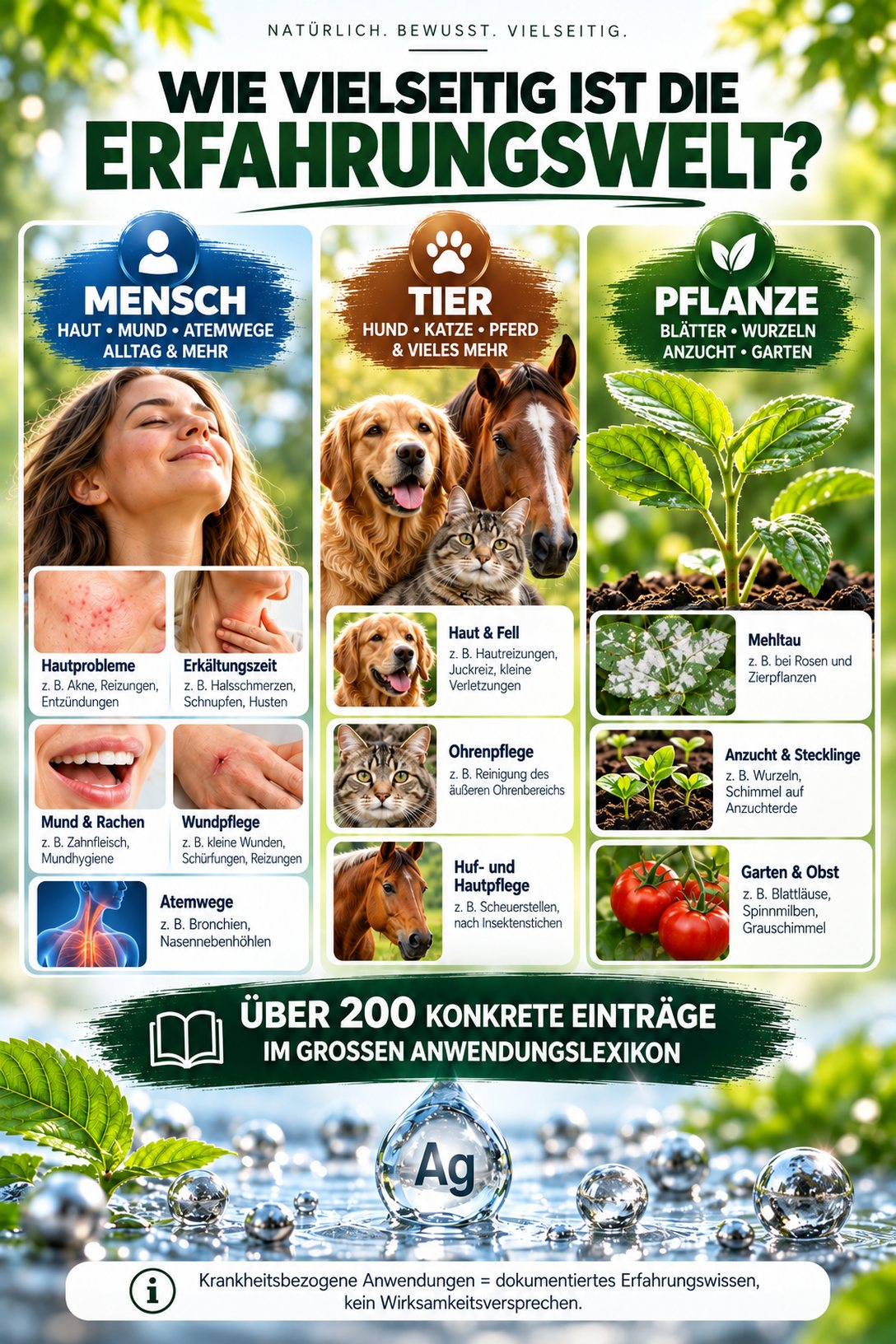 Grafik aus dem Kurzratgeber: die Erfahrungswelt von kolloidalem Silber bei Mensch, Tier und Pflanze